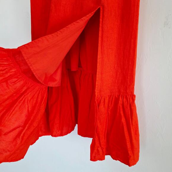 Avec Les Filles Coral Orange Puff Sleeve Side Slit Tiered Midi Dress Sz 2 XS - Picture 4 of 11